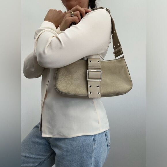 Vintage Y2K Express Beige Suede Canvas Strap East West Underarm Shoulder Bag - Picture 2 of 16